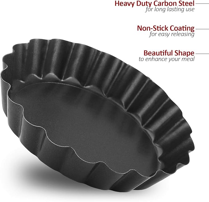 4” Quiche Pans with Removable Bottom, Non-stick, Fluted Sides, Mini Tart Pans, Round Shape, Set of 6