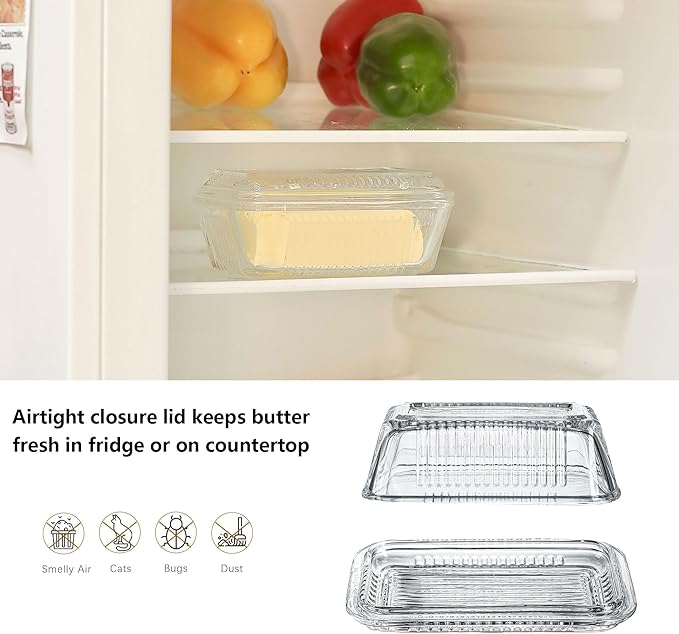 Clear Glass Butter Dish with Lid for Countertop, 6.5" Crystal Butter Dish with Cover, Covered Butter Tray for Refrigerator