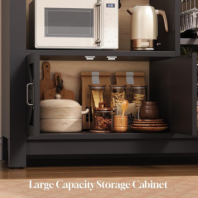 Itaar 73" Tall Arched Bakers Rack with Power Outlet and LED Light, Farmhouse Coffee Bar Cabinet, Kitchen Microwave Stand with Storage for Kitchen, Dining Room, Living Room, Black