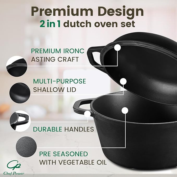 Chef Power 2-in-1 Cast Iron Dutch Oven with Skillet Lid, 5QT Camping Dutch Oven Pot with Lid for Bread, Frying, Baking, Roasting, Cooking, BBQ – Versatile Cast Iron Cookware