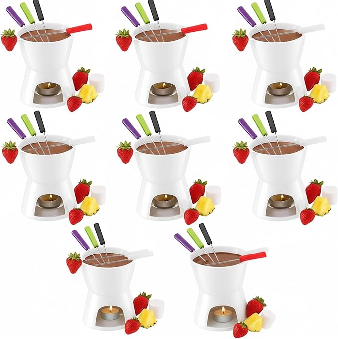 Mudder 8 Pcs Mini Fondue Pot Set with 32 Color Coded Forks Valentine's Individual Porcelain Tea Light Melting Mugs for Chocolate Cheese Dessert Small Fondue Pot for Tapas Gifting(White)