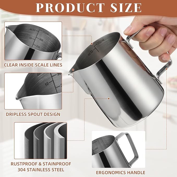 4 Pcs Espresso Accessories Kit with Espresso Cups with Handle, Milk Frothing Pitcher and Latte Art Pen Stainless Steel Cappuccino Machine Accessories for Coffee Bar(Silver,100ml, 350ml)