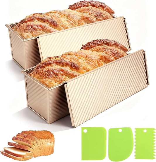 2 Ps Pullman Loaf Pan with Lid, 2.2lb Nonstick Carbon Steel Bread Pan for Sandwich & Sourdough, Rectangular Corrugated Toast for Oven Baking, Heavy Duty, Send Goods from Local Warehouse (Gold 13x4)