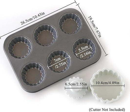Mini Tart Pan, 2.75" Egg Tart Molds 6-Cavity Non Stick Fluted Mini Tart Mould, Reusable Quiche Bakeware Carbon Steel for Pies, Quiche, Cheese Cakes, Desserts(Not Included Cutting Mold)