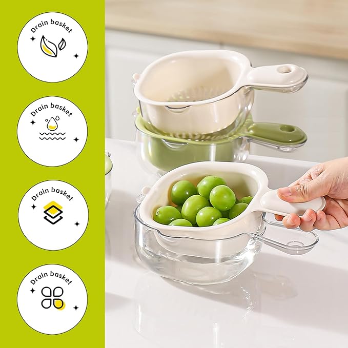 Kitchen Dual Layer Draining Basket with Handle,Double Drain Plastic Fruit Washing Bowl, Handy Mini Berry and Tomato Washer, Fruit Storage Container (White)
