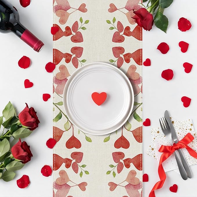 Valentines Day Table Runner 13x120 Inch, Floral Love Hearts Valentine Table Runner, Anniversary Home Kitchen Dining Table Holiday Party Decorations