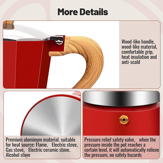 Vaolvpant 3 Cup Aluminum Moka Pot Classic Stovetop Espresso Coffee Maker 150ml 5oz Coffeemaker Percolator Mocha Pot Greca Coffee Maker Cafe Makers for Italian and Cuban Café Brewing Red