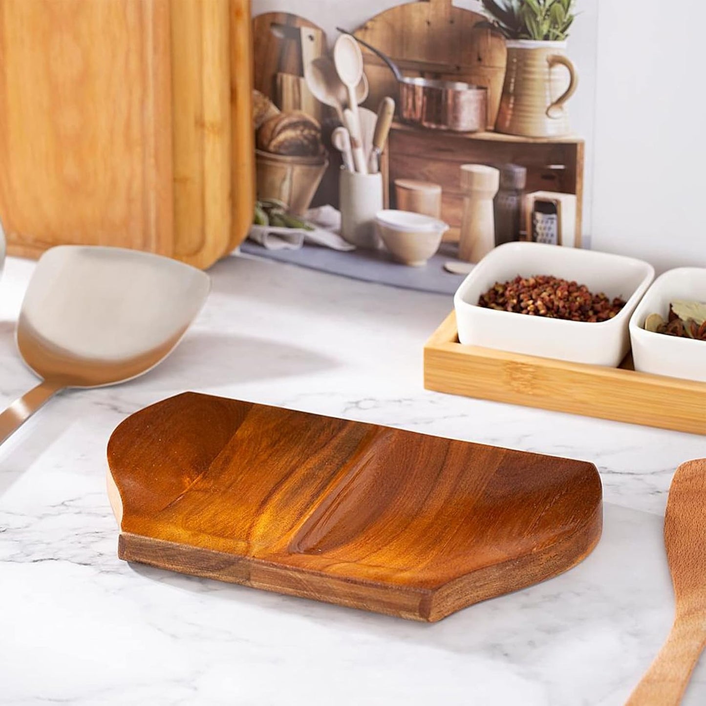 Acacia Spoon Rest, Double Spoon Rest For Stove Top,Handmade Wooden for Kitchen, Wooden Spoon Holder for Kitchen Counter, With Non Slip Silicone Feet,Perfect gift for mother's day