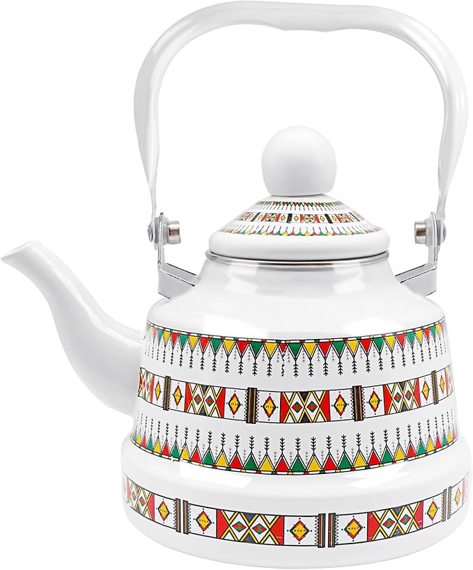 1.1L Arab style Vintage Tea Kettle,Enamel Tea Kettle with Handle,Enameled Teapot Stovetop,Hot Water Kettle for Home Kitchen Decor, No Whistling (White)