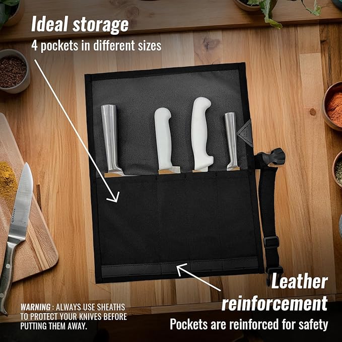 Under NY Sky Knife Roll Case - 4 Slots - Heavy Duty Oxford Canvas Pouch - Leather Reinforced - Portable Bag for Cooking Tools, Utensils, Cutlery Knives, Brushes - Chefs, Kitchen, Travel, Gift - Black