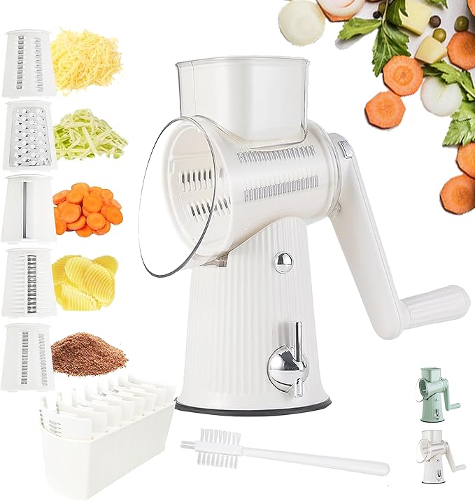 5-in-1 Rotary Cheese Grater Vegetable Slicer, 5 Interchangeable Blades Food Shredder with Anti-Slip Reinforced Suction Base, Kitchen Mandoline Chopper with Blade Storage Box (White)