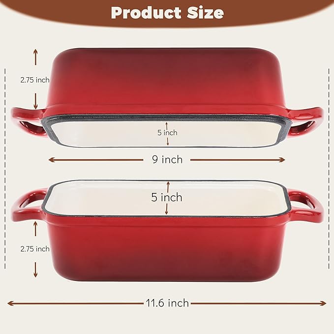 Articasting Cast Iron Bread Loaf Pan with Lid, 2 In 1 Loaf Pans for Baking Bread 9x5, Enameled Bread Pans for Homemade Bread, Sourdough, Even Heating Bread Dutch Oven, Red