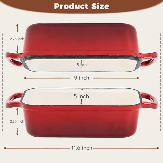 Articasting Cast Iron Bread Loaf Pan with Lid, 2 In 1 Loaf Pans for Baking Bread 9x5, Enameled Bread Pans for Homemade Bread, Sourdough, Even Heating Bread Dutch Oven, Red