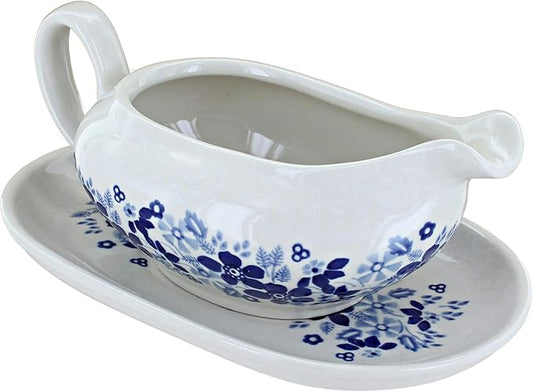 Blue Rose Polish Pottery - Blue Christiana Gravy Boat & Plate - 1.5 Cup Capacity - Perfect Gravy Boat for Holiday Dinners, Dinner Parties, and Everyday Dining