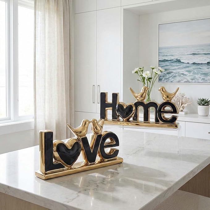 Love Sign Decor,Gold Room Decor Aesthetic, Knick Knack Shelf,Bird Decor, Boho Bookshelf,Abstract Statue,for Living Room,Bedroom, Contemporary Tv Stand Set of 2 (2, Gold Black)