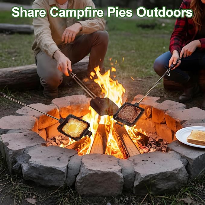 Mountain Pie Maker Cast Iron Set of 2 - Pie Irons for Camping with Storage Bag, Campfire Sandwich Maker Cast Iron