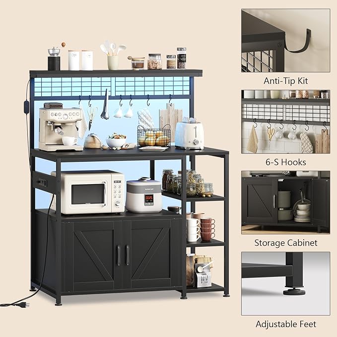 TVU Bakers Rack with Power Outlet and LED Light, Microwave Stand with Storage Cabinet, Coffee Bar Cabinet Station with 6 Hooks for Kitchen, Dining Room, Living Room, Coffee Bar, Black