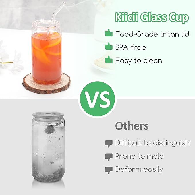 16OZ Drinking Glass Cup with Tritan Lid and Straw 6pcs Set, Cute Iced Coffee Cup, Aesthetic Glass Tumbler with Lid and Straw, Ideal Gift for Women, Birthday, Christmas