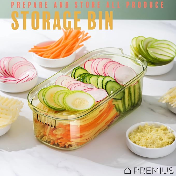 6-In-1 Mandoline Slicer with Storage Bin & Handle By PREMIUS, Plastic Container Bin With Stainless Steel Blades, Includes: 6 Blades, Waffle Cut, Julienne, Slices, Safety Grip, Green-Clear, 1.5 Quarts