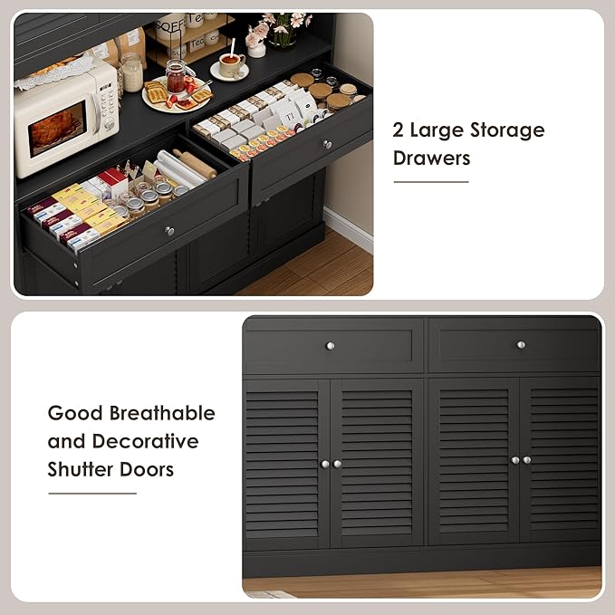 HIFIT 71" Hx55''W Large Kitchen Hutch Storage Cabinet, Farmhouse Coffee Bar Hutch with Microwave Stand, Tall Kitchen Pantry Cabinet with Louvered Doors, 2 Cable Holes, 2 Drawers, Black