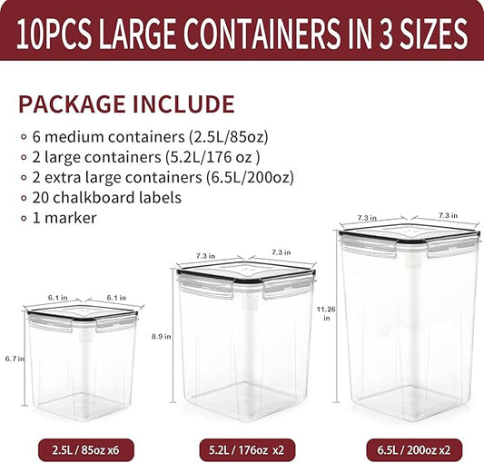 PRAKI Large Airtight Food Storage Containers with Lids, 10PCS Plastic Cereal Storage Containers, Kitchen & Pantry Organizers and Storage for Sugar, Flour, Baking Supplies with Lables & Mark