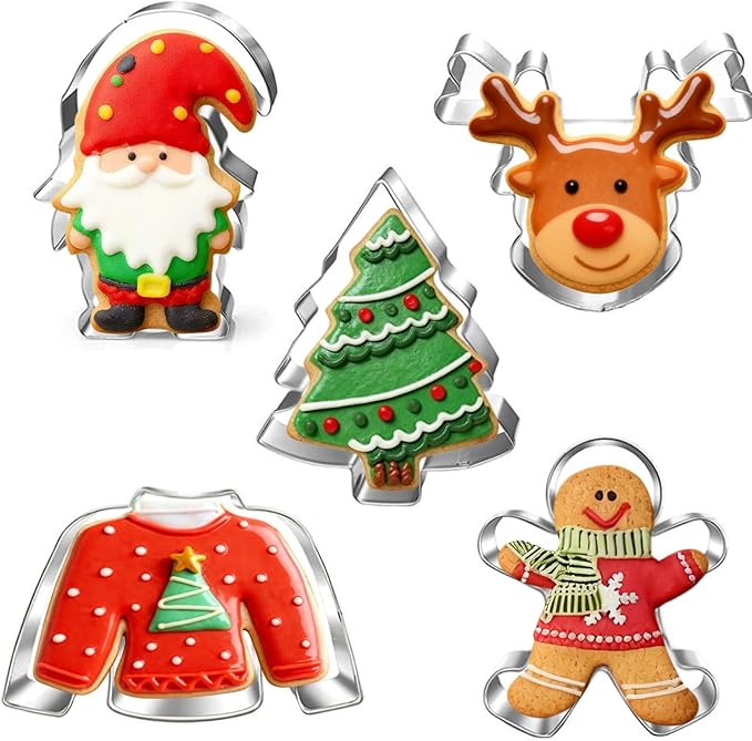 New Large Christmas Onament Cookie Cutter Set-5 Pieces-Christmas Tree, Gnome, gingerbread man, Ugly Sweater and reindeer -Holiday Cookie Cutters Fondant Biscui Cutters