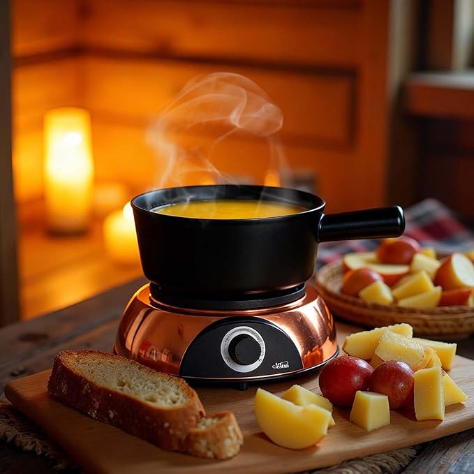 Artestia Swiss Design 2-QT Electric Fondue Pot for Cheese, 1500W Ceramic Chocolate Melting Pot with Adjustable Temperature, 6 Fondue Forks, White Ceramic Pot with Rose-Gold Base (Black)
