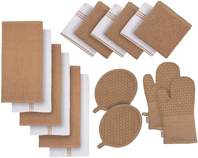 LANE LINEN 16 Piece Dish Cloths Set - 100% Cotton, Heat Resistant Mittens and Pot Holder Set, Reusable Dish Rags for Washing, Absorbent Towels for Kitchen Drying - Beige