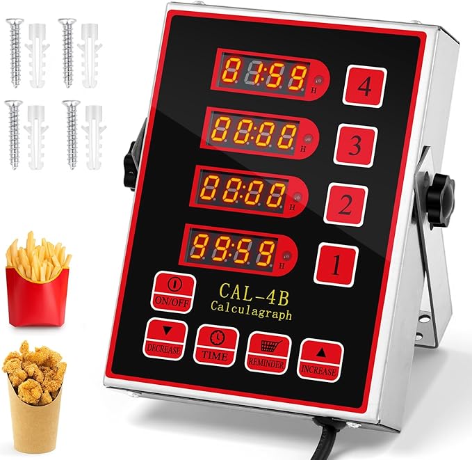 1 Pack Commercial 4 Channel Digital Kitchen Timer, Multi-Countdown Timer with Loud Alarm & Large LCD Display, Wall Mount or Countertop for Restaurant, Fry Station, Baking & Lab Use