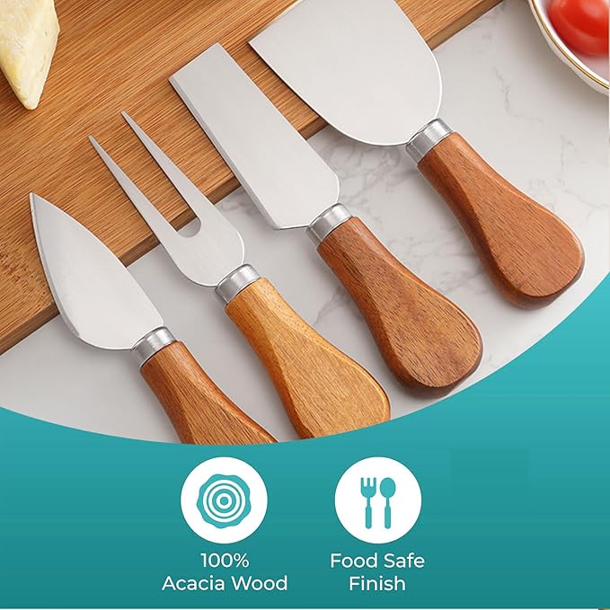 YUANQIAN Cheese Knife Set with Acacia Wood Handles - Cheese Knife, Spreader, Fork, Slicer - Mini Stainless Steel Cheese Tools for Charcuterie Boards (6Pcs/Set, S)