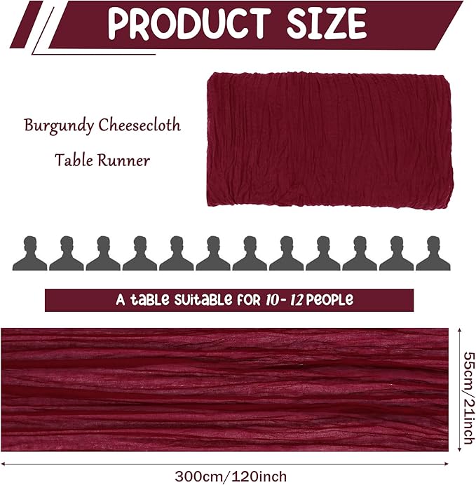10 Pack Burgundy Cheesecloth Table Runner 10FT Boho Gauze Fabric Table Runner Vintage Rustic Sheer Runners for Wedding Party Bridal Baby Shower Long Table Decorations