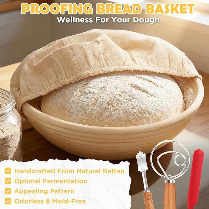 Enameled Cast Iron Dutch Oven Pot with Lid, Incl. Sourdough Bread Baking Supplies Like Banneton Bread Proofing Basket, Starter Jar, Scoring Tool Lame, 5QT Dutch Oven for Bread Baking, Oven Safe up to 500°F