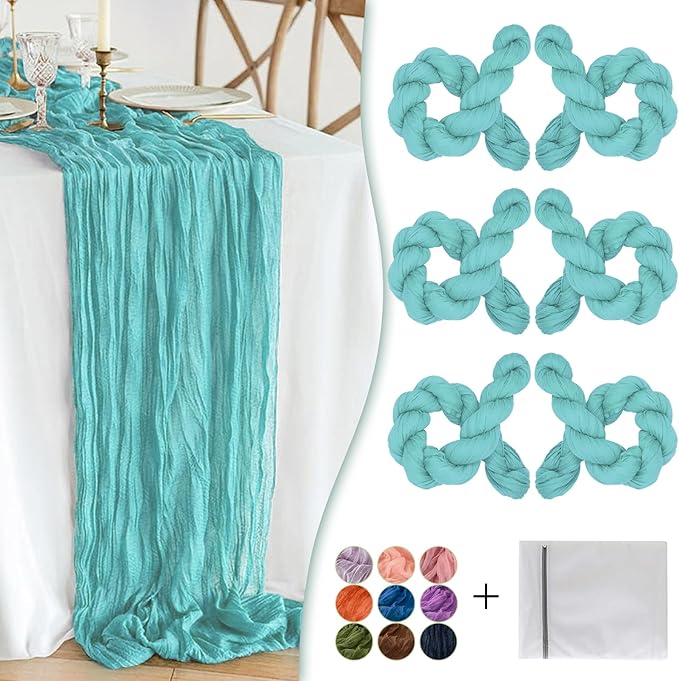Teal Cheesecloth Table Runner 6 Pack 35" Boho Gauze 120 inches Long Tablecloth Runner Rustic Sheer Fabric Bulk for Baby Shower Wedding Bridal Birthday Party Picnic Table Decorations