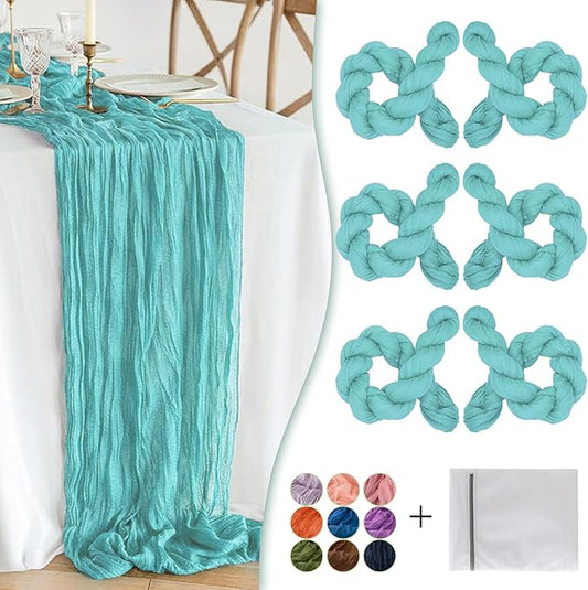 Teal Cheesecloth Table Runner 6 Pack 35" Boho Gauze 120 inches Long Tablecloth Runner Rustic Sheer Fabric Bulk for Baby Shower Wedding Bridal Birthday Party Picnic Table Decorations