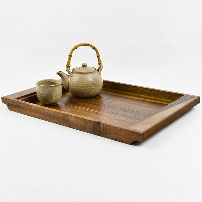 Acacia Wood Serving Tray - Large Wooden Tray for Ottoman - Rectangle Coffee Table Tray - Wooden Decorative Tray for Kitchen Counter, Dining Table, Breakfast - 15.7x11 (Japandi)