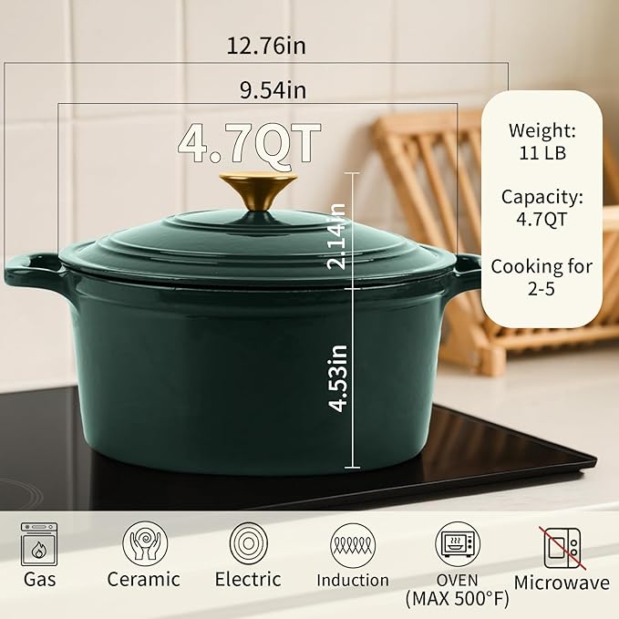 Tastedeli Enamel Cast Iron Dutch Oven with Lid, Round Casserole Pot for Bread Baking, Braising, Roasting, and Stews, Heavy-Duty, Oven Safe, Induction Compatible (4.7QT,Green)