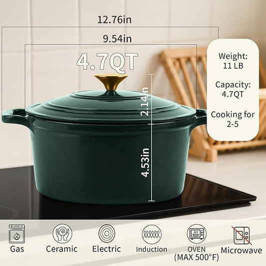 Tastedeli Enamel Cast Iron Dutch Oven with Lid, Round Casserole Pot for Bread Baking, Braising, Roasting, and Stews, Heavy-Duty, Oven Safe, Induction Compatible (4.7QT,Green)