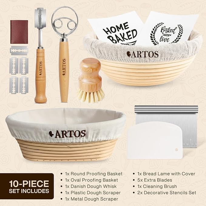Sourdough Starter Kit | 9" Round & 10" Oval Banneton Bread Proofing Baskets | Sourdough Bread Baking Supplies with Dough Whisk, Scrapers Bread Lame, Cleaning Brush, Detailed Guide & Recipes