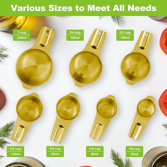 7 Pcs Gold Measuring Cups Stainless Steel, Nesting Metal Measuring Cups with Markings & Ring, Stackable Measure Cups Spoons Set for Cooking Baking Supplies, Kitchen Utensils for Dry Liquid Ingredients