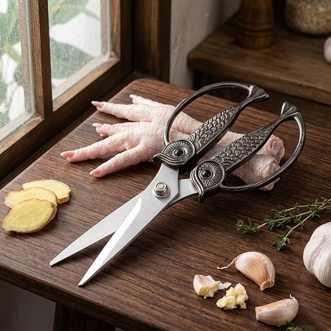 WARMHEART Owl Kitchen Scissors All Purpose, Stainless Steel Heavy Duty Sharp Shears for Meat, Chicken, Fish, Poultry, Herb, Bread (Pearl, Medium)