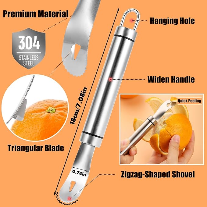 Stainless Steel Orange Peeler Easy and Quick Peeling Long Handle Orange Citrus Peeler Tool Triangle Shovel and Serrated Shovel Orange Peeler Creative Kitchen Gadgets