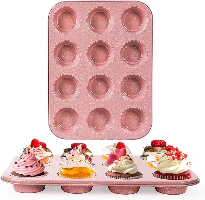 Spmarkt 2-Pack Pink Nonstick Muffin Pans, 12-Cup Muffin Cake Pan, 5-Layer Free PFOA/PFOS/PTFE Safe Cupcake Pan, Durable & Easy-Clean Muffin Cup for Baking