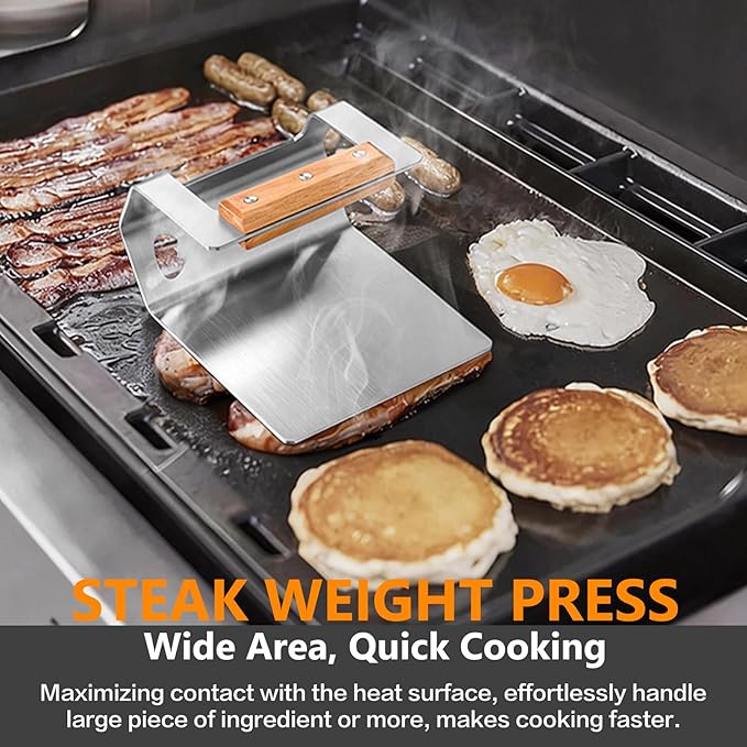Joyfair Smash Burger Press Stainless Steel, 5.8” Hamburger Smasher Steak Weight Tool, Heavy-Duty Meat Press for Blackstone Griddle, Gill, Flat Top, Heat-Proof Wooden Handle & Flat Edge