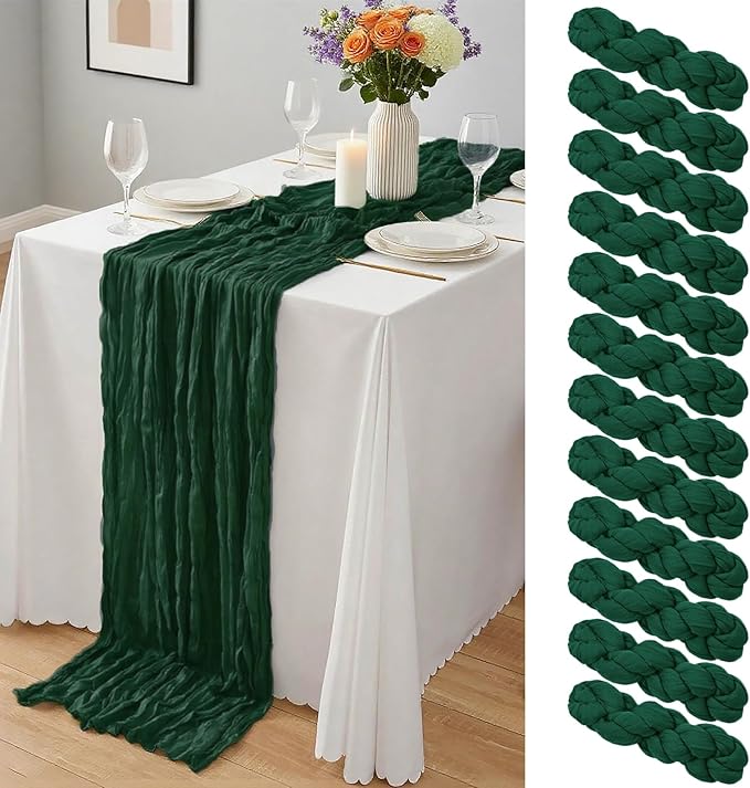 12 Pack Dark Green Cheesecloth Table Runner 10Ft, Christmas Table Runner 21.5 X 120 inch, Semi Sheer Cheese Cloth Fabric Boho Table Runner Bulk for Christmas Decorations,Bridal Shower,Wedding
