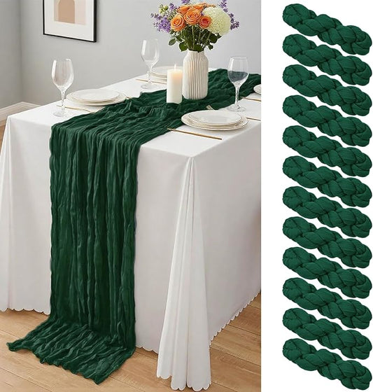 12 Pack Dark Green Cheesecloth Table Runner 10Ft, Christmas Table Runner 21.5 X 120 inch, Semi Sheer Cheese Cloth Fabric Boho Table Runner Bulk for Christmas Decorations,Bridal Shower,Wedding