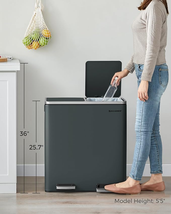 SONGMICS Trash Can, 2 x 8 Gallon (2 x 30 L) Garbage Can for Kitchen, with 15 Trash Bags, 2 Compartments, Plastic Inner Buckets and Hinged Lids, Airtight, Greenish-Gray ULTB60GS02