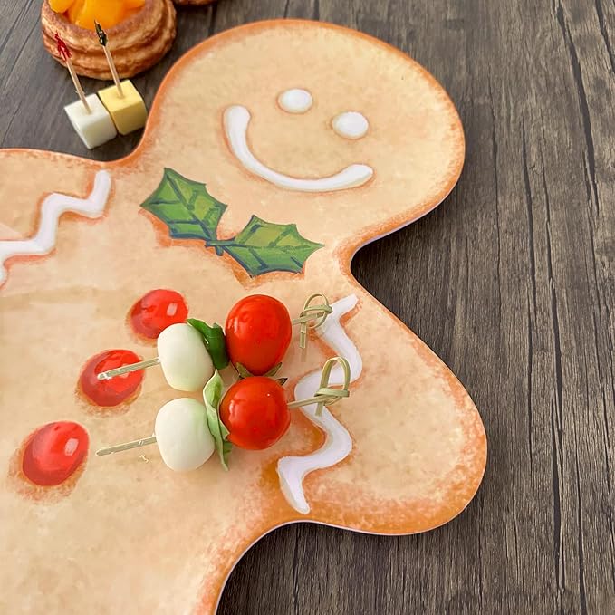 UP UPware Gingerbread Man Shaped Melamine Serving Platter, Christmas Holiday Party Tray, Festive Gingerbread Design, for Cookies, Snacks, and Appetizers, Brown,17 x 12.75 Inch