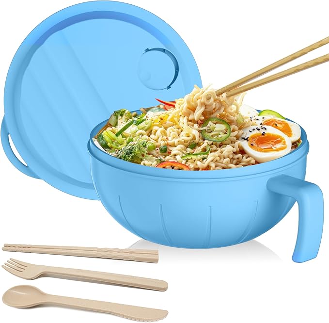 steo spce Large Ramen Bowl Set, 40 Oz Microwaveable Noodle Cooker with Leak-Proof Lids, Chopsticks, Spoon & Fork – Portable and Dishwasher Safe, Ideal for Home, Office, Dorm, or Gift Light (Blue)