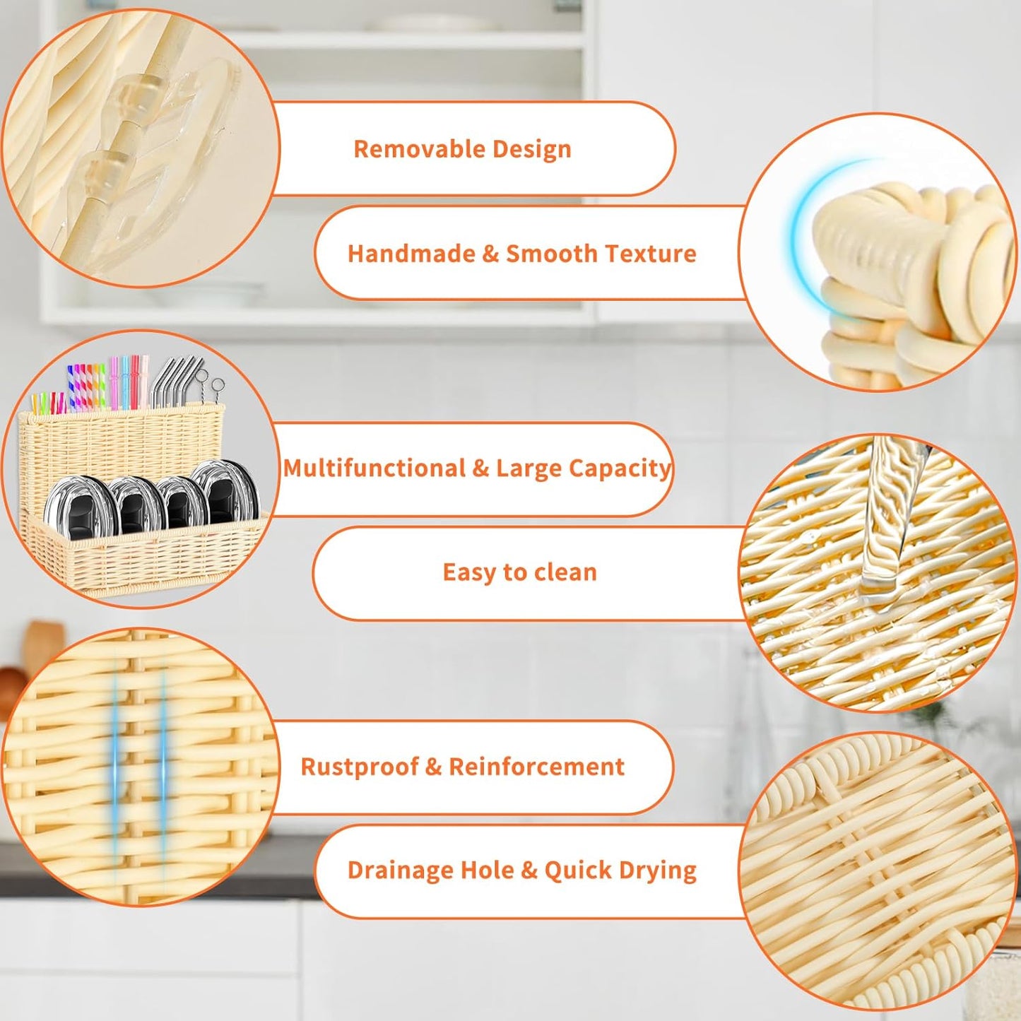9.8" Poly Wicker Straw Holder for Cabinet Door with Strong Adhesive Hooks,Woven Straws Holder Dispenser for Tumbler Lid,Reusable Straws,Kitchen Accessories for Countertop (Nature)