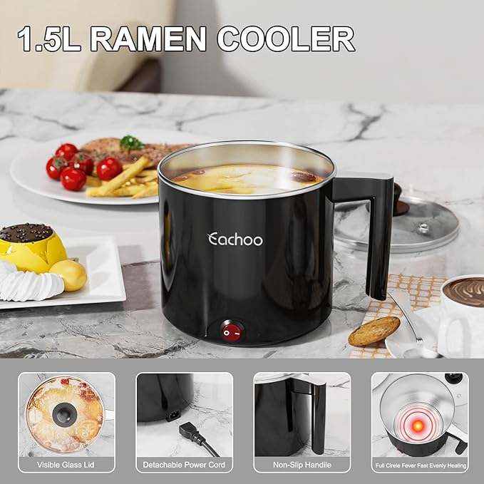 Electric Hot Pot - 1L Ramen Cooker, Mini Portable Multi-Functional Lazy Pot for Noodles, Soup, Non-Stick Cooker with Boil Dry Protection for Dorm, Office